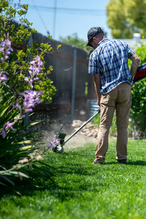 Worker edging a lawn with a trimmer