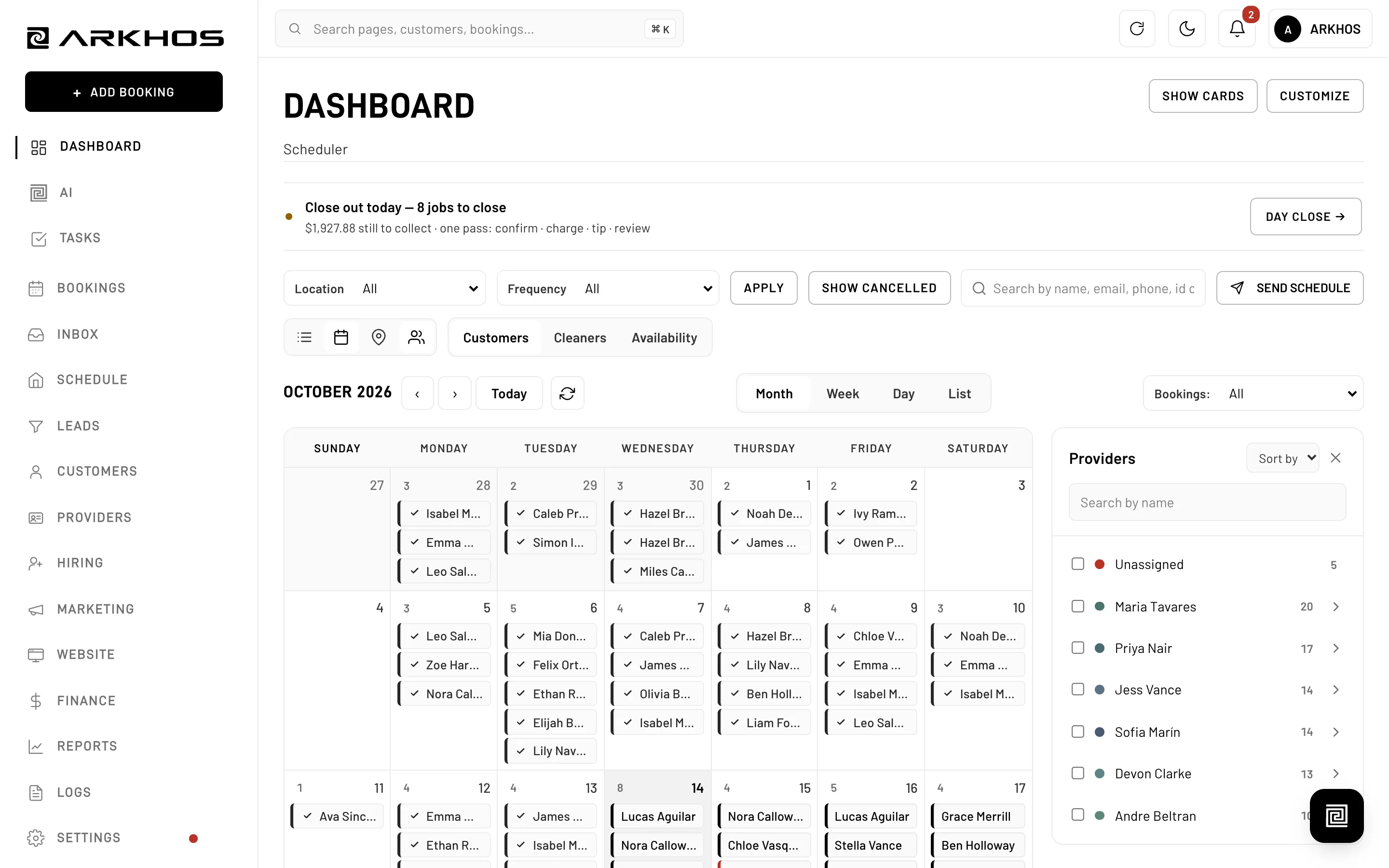 The ARKHOS™ dashboard: scheduler with the day's jobs and crews