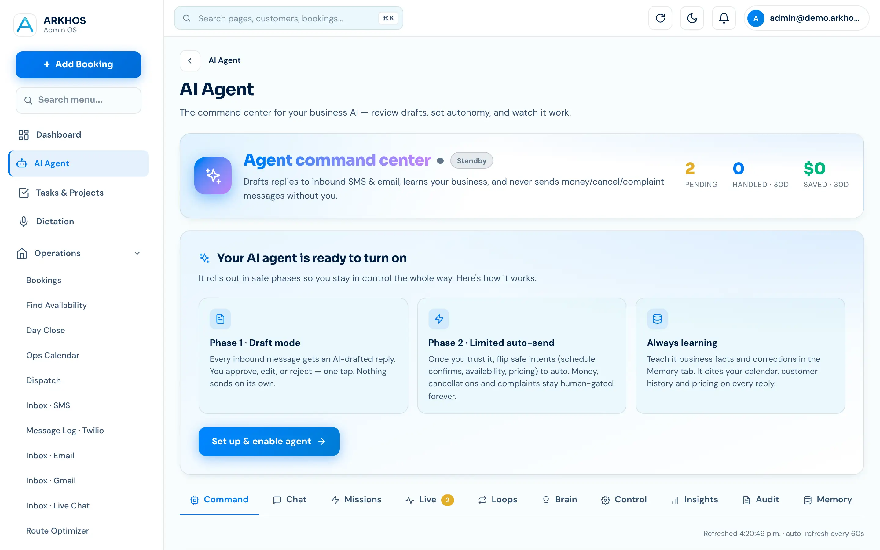 ARKHOS AI Agent command center — draft mode, autonomy phases and pending actions