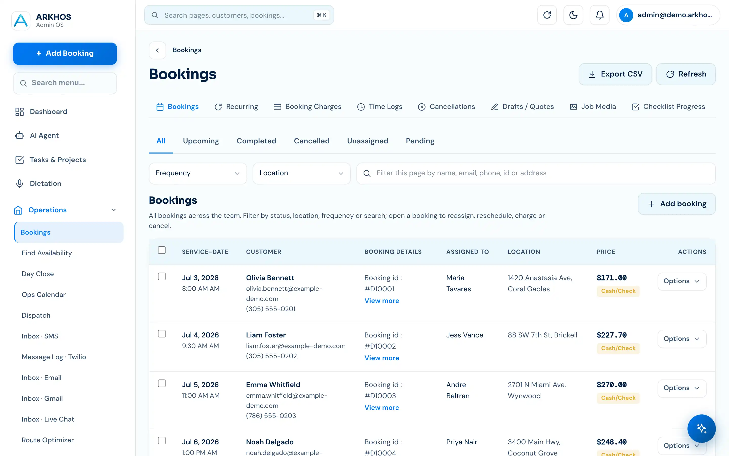 ARKHOS bookings list