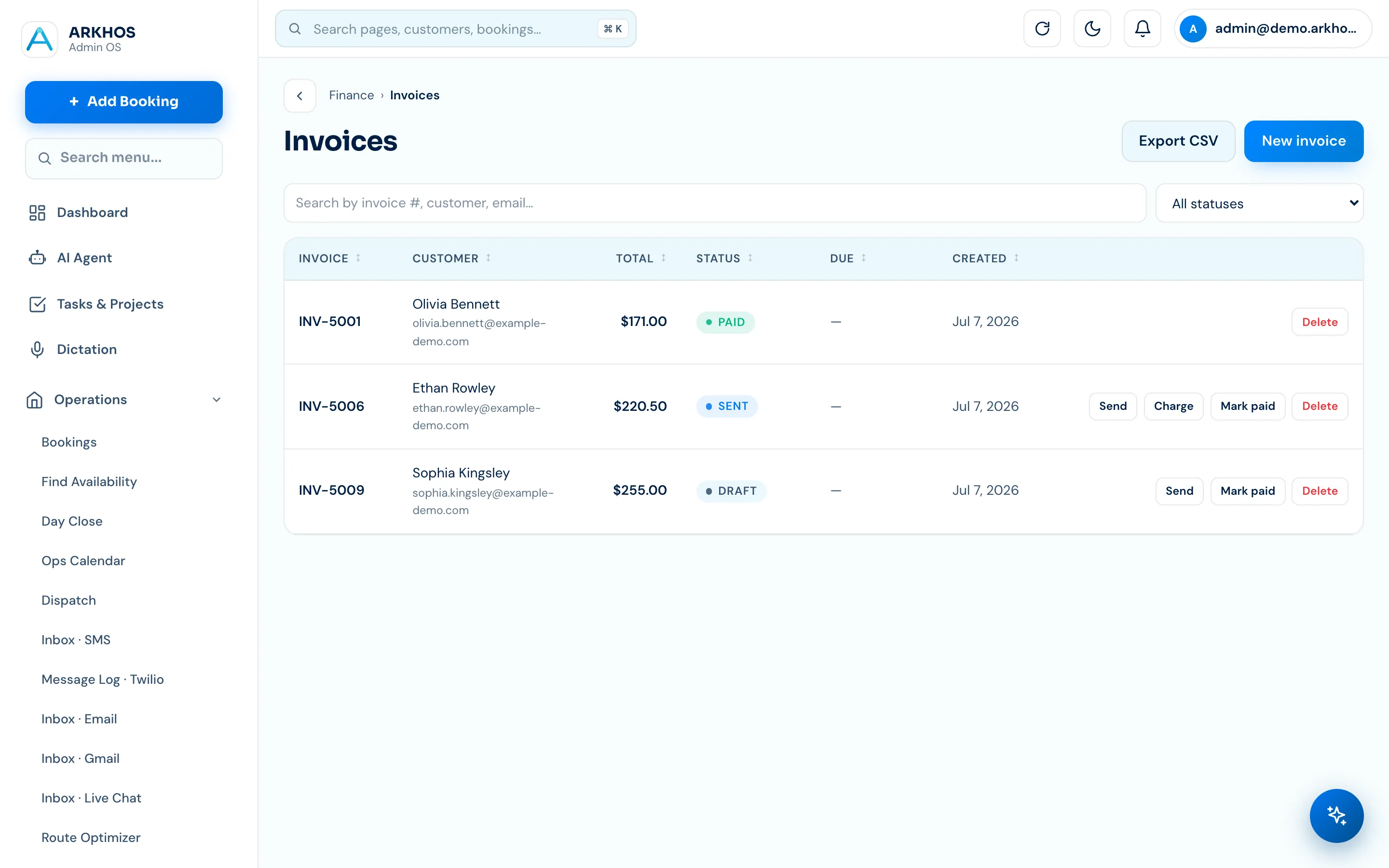 ARKHOS invoices — sent, paid and reconciled to QuickBooks