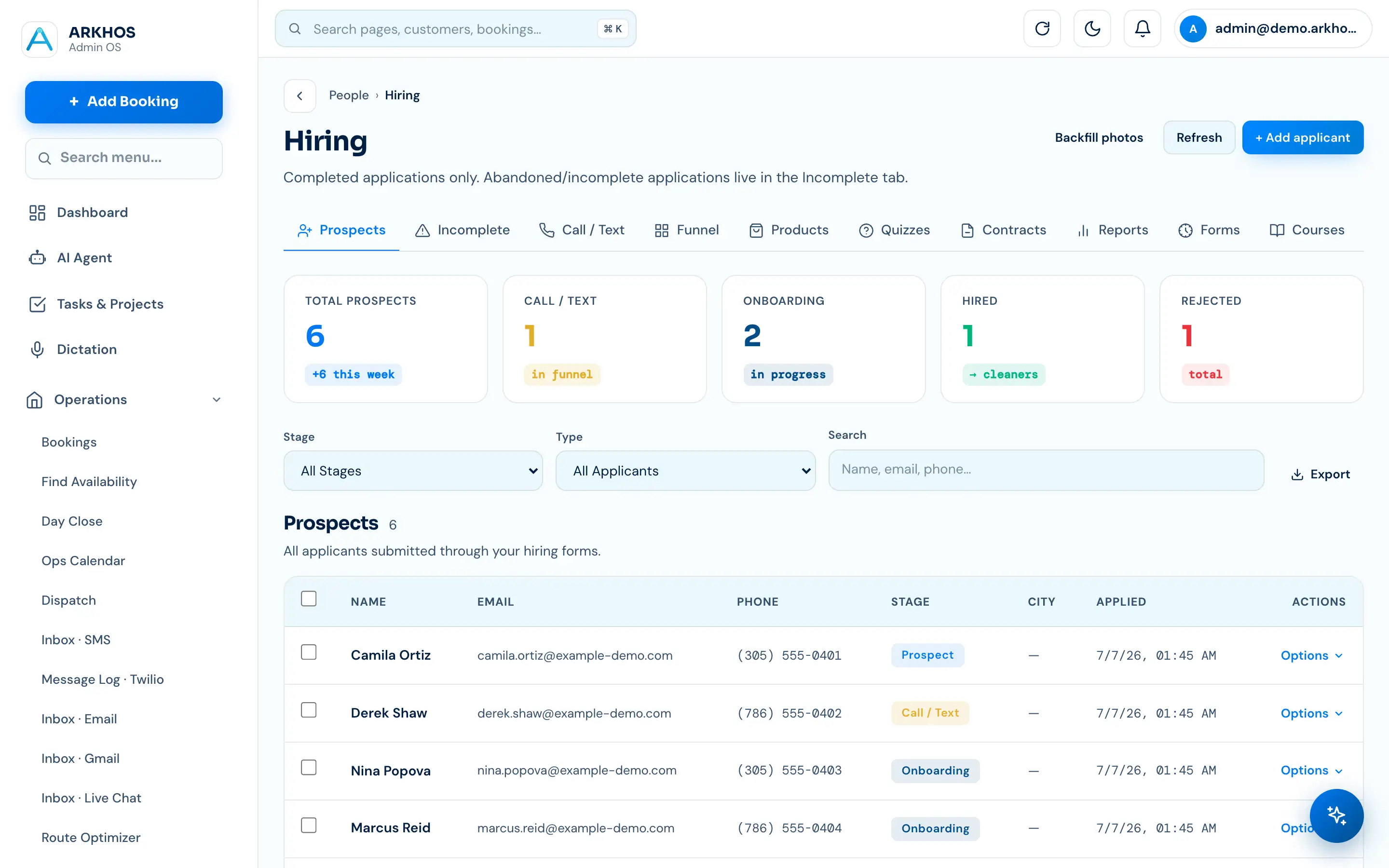 ARKHOS hiring suite — applicant funnel and onboarding