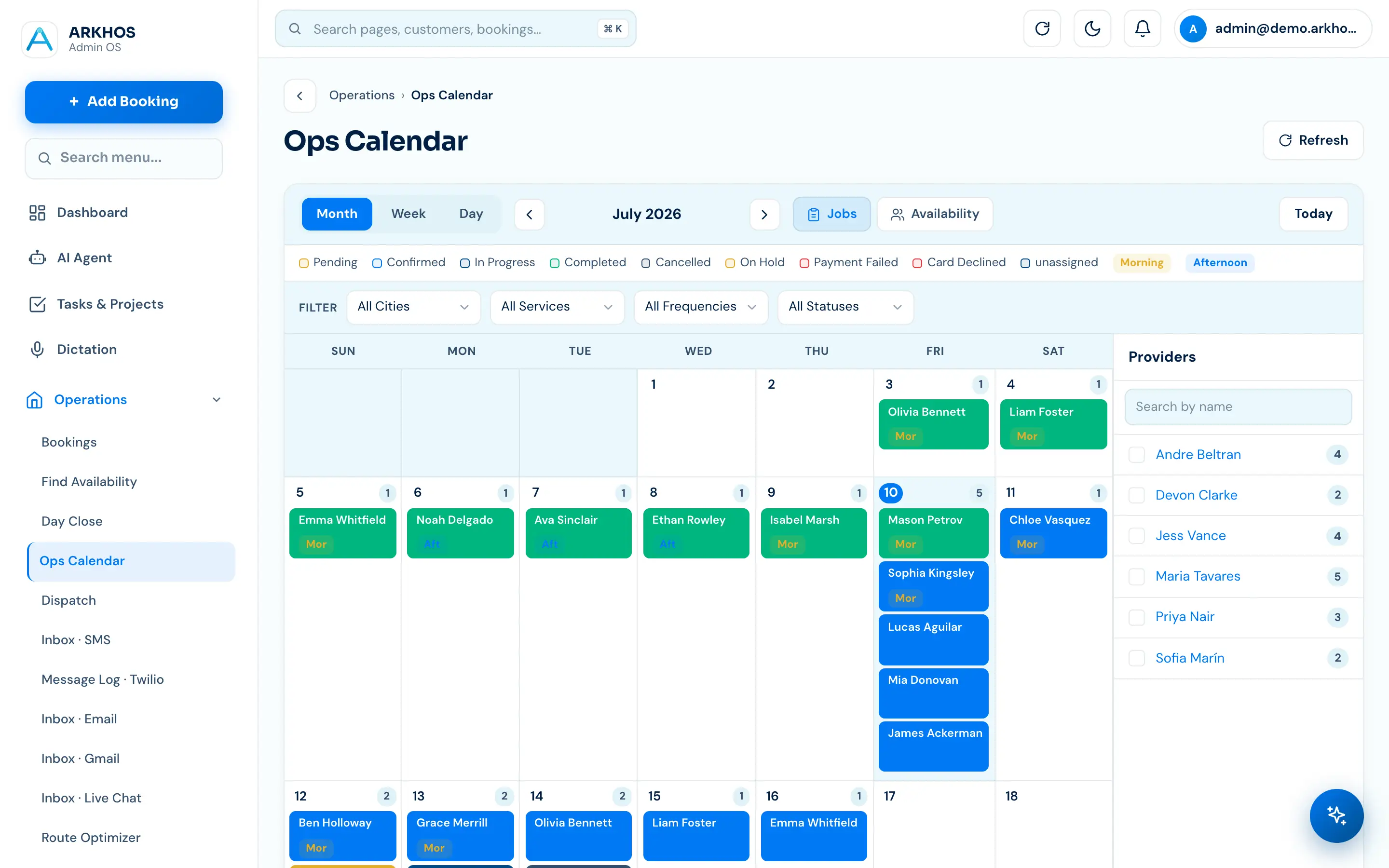 ARKHOS operations calendar with bookings across the week and provider panel