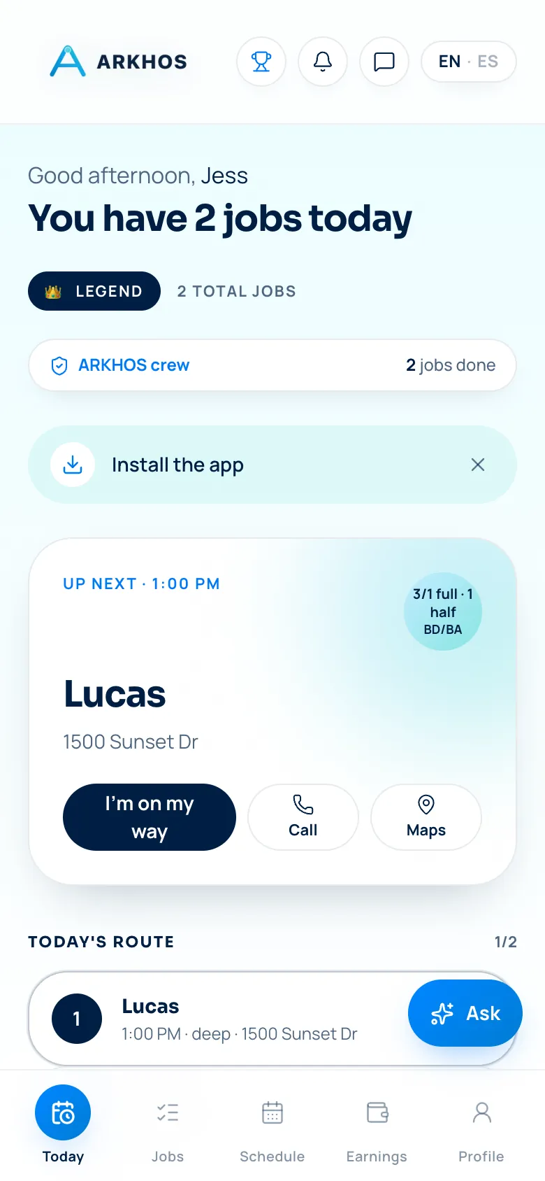 ARKHOS crew portal — phone-first day, checklists and pay view