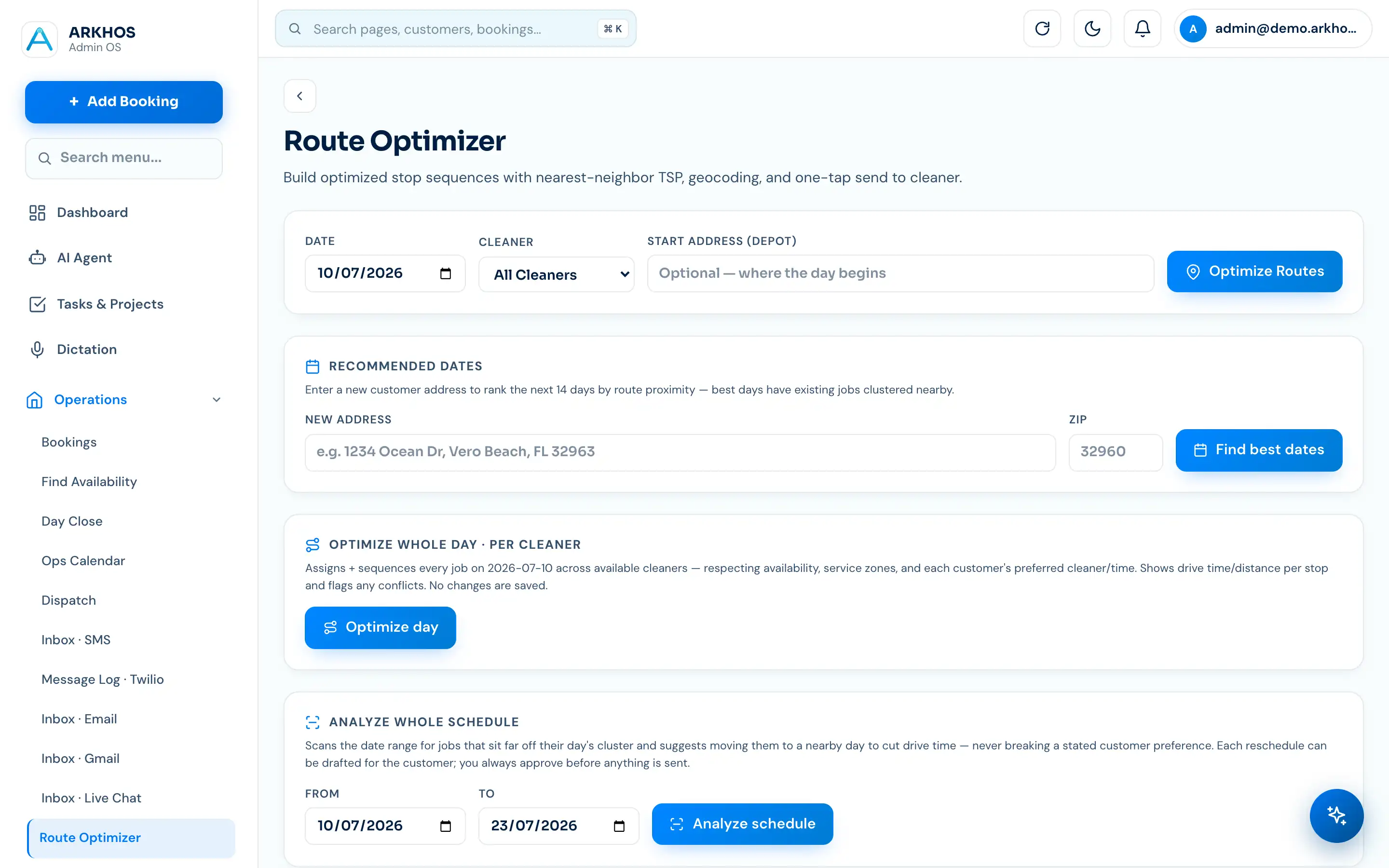 ARKHOS route optimizer sequencing a crew's stops for the day
